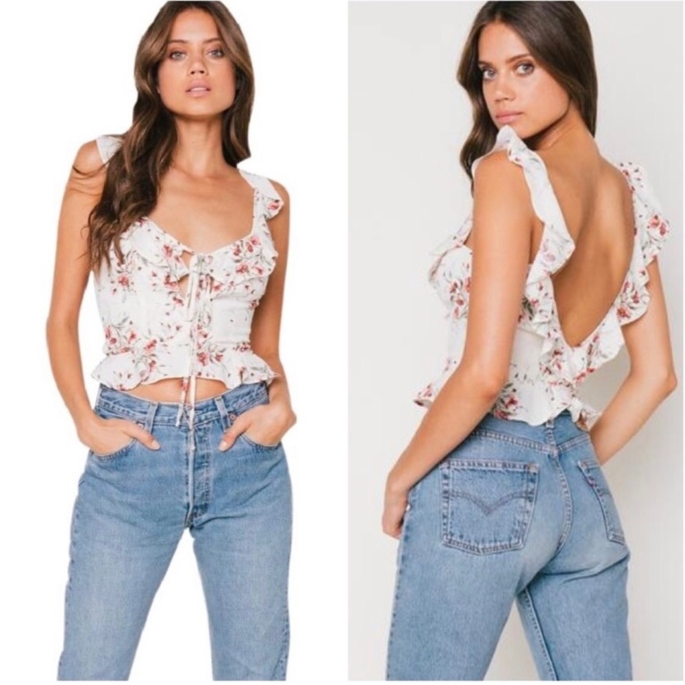 ❤️SOLD NWT Flynn Skye X Revolve Mimi Floral Ruffle Trim Tie Boho Blouse Top XS - Picture 2 of 14